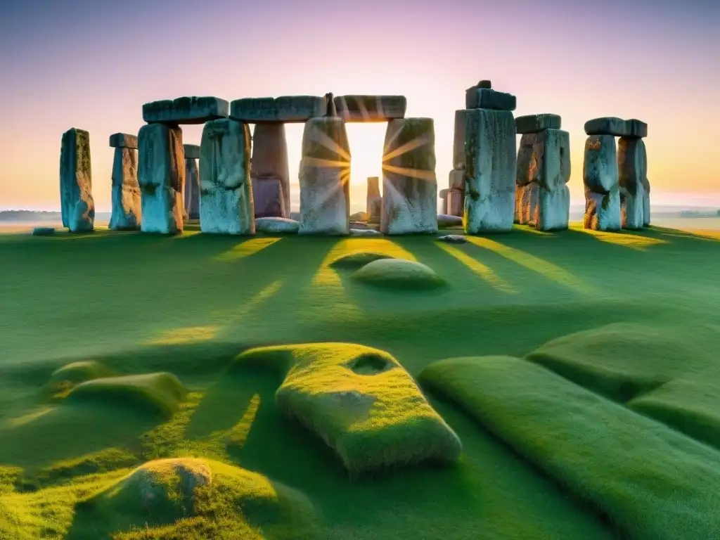 Misterioso portal al mundo en Stonehenge al atardecer, con sombras largas sobre la hierba verde vibrante y un aura mística