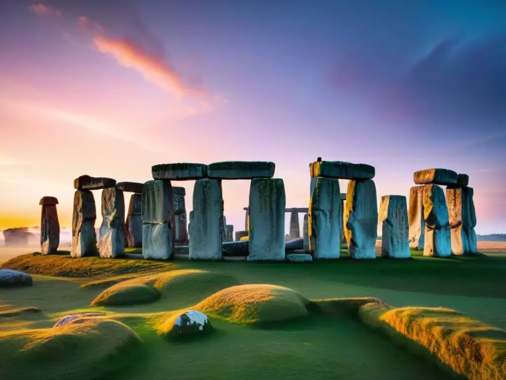 Misterioso portal al mundo en Stonehenge al amanecer, con aves surcando el cielo