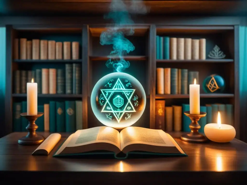 Un misterioso rincón repleto de libros antiguos de ocultismo iluminados por velas, con símbolos esotéricos