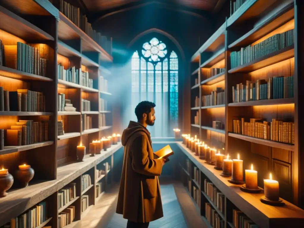 Un misterioso ritual de iniciación en una antigua biblioteca iluminada por luz dorada