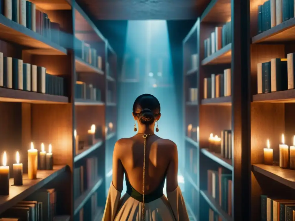 Un misterioso ritual de iniciación en una biblioteca subterránea iluminada con velas