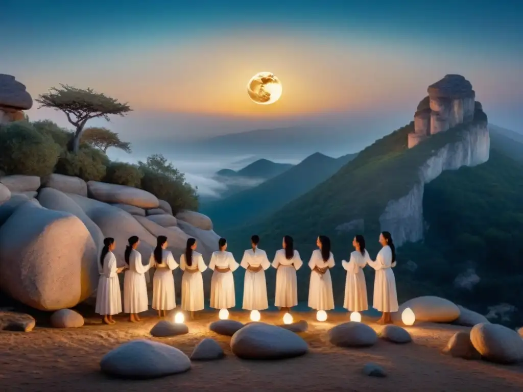 Misterioso ritual de fertilidad bajo la luna llena, con mujeres sosteniendo piedras de luna, evocando el significado de la Piedra de la Luna