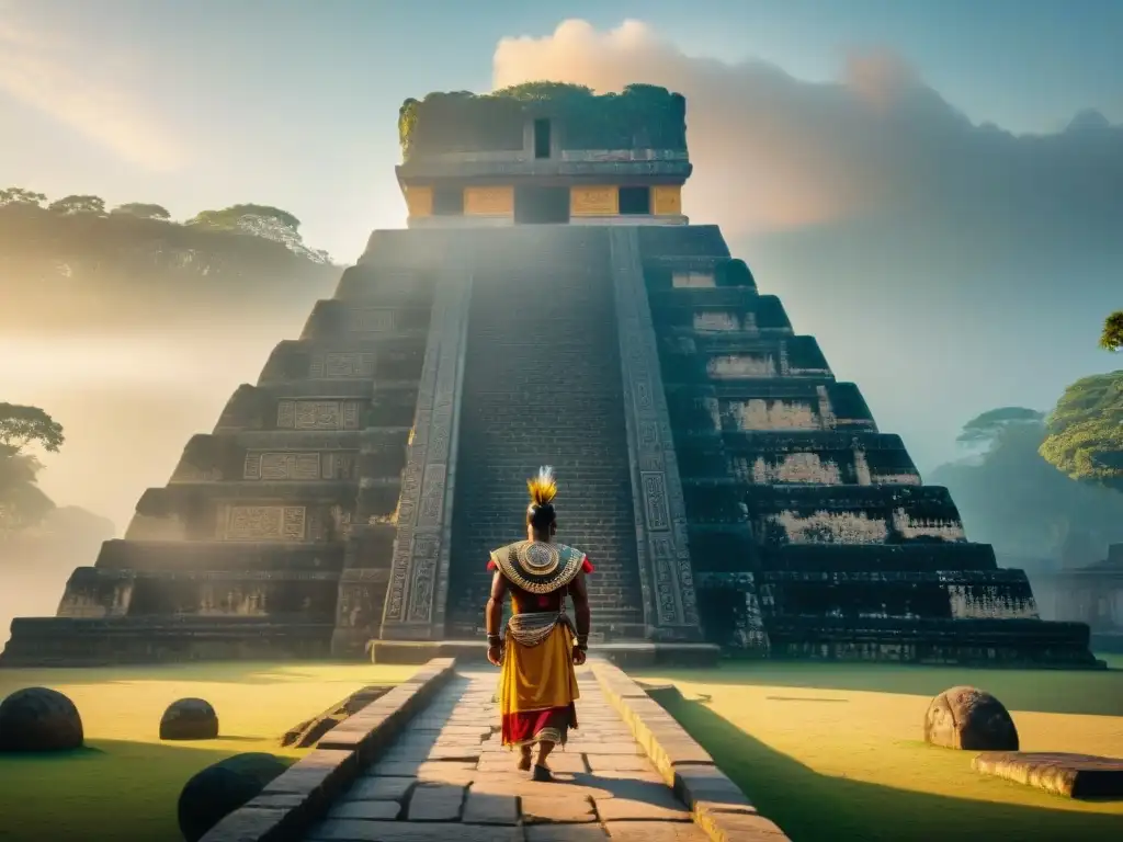 Misterioso ritual al amanecer en un templo maya, con símbolos antiguos