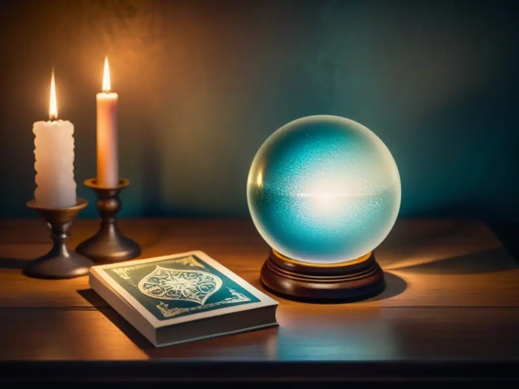 Un misterioso salón con una bola de cristal, cartas del tarot, y velas, evocando el origen de las prácticas adivinatorias