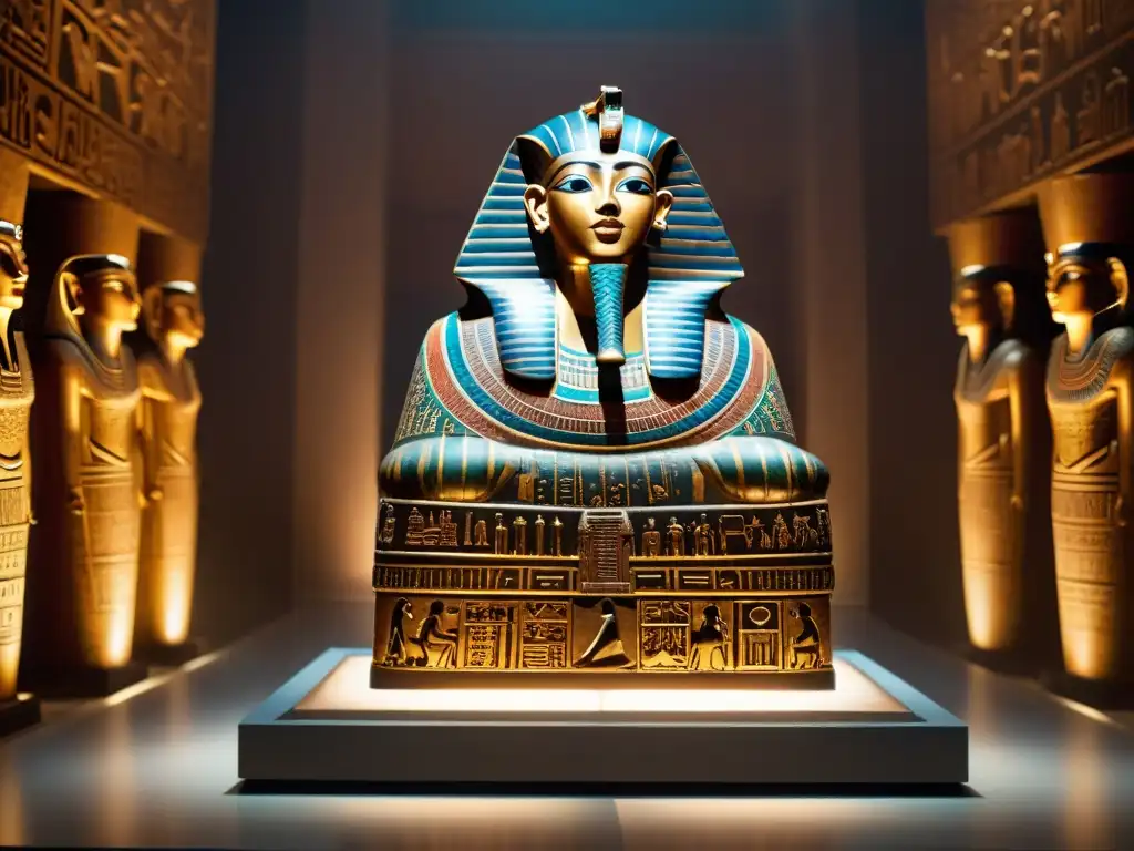 Misterioso sarcófago egipcio tallado con jeroglíficos y patrones, iluminado en exposición de museo