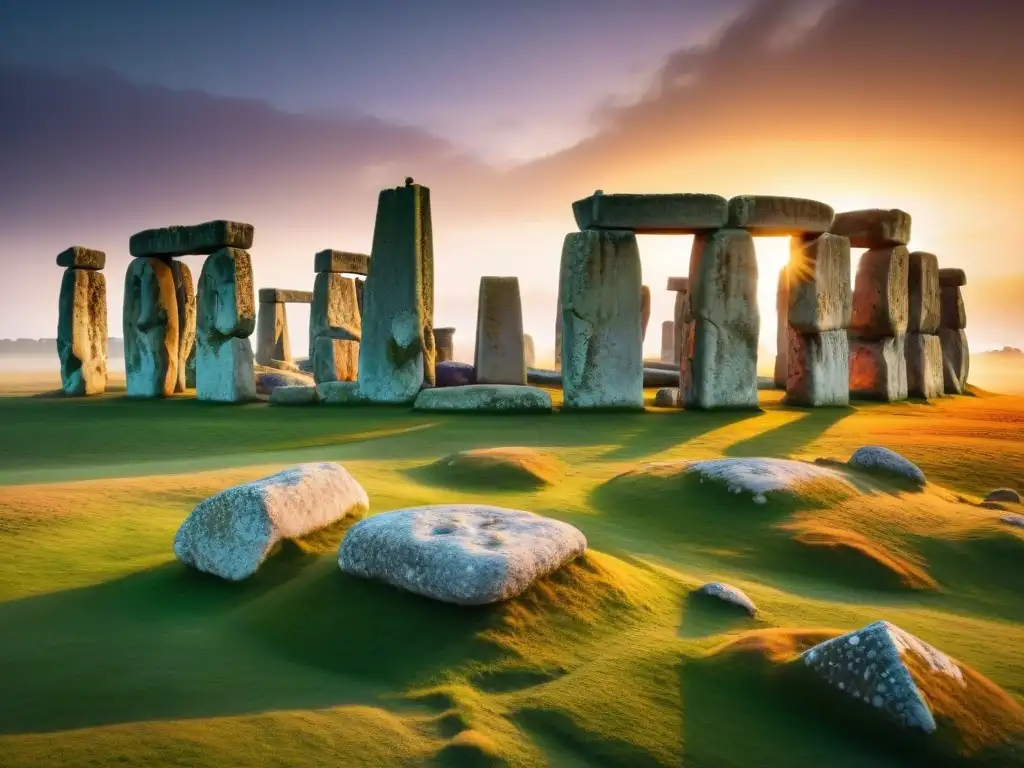 Stonehenge al amanecer: sombra mística en la piedra Misterioso Stonehenge: el sol ilumina un antiguo altar, revelando las sombras que señalan al centro
