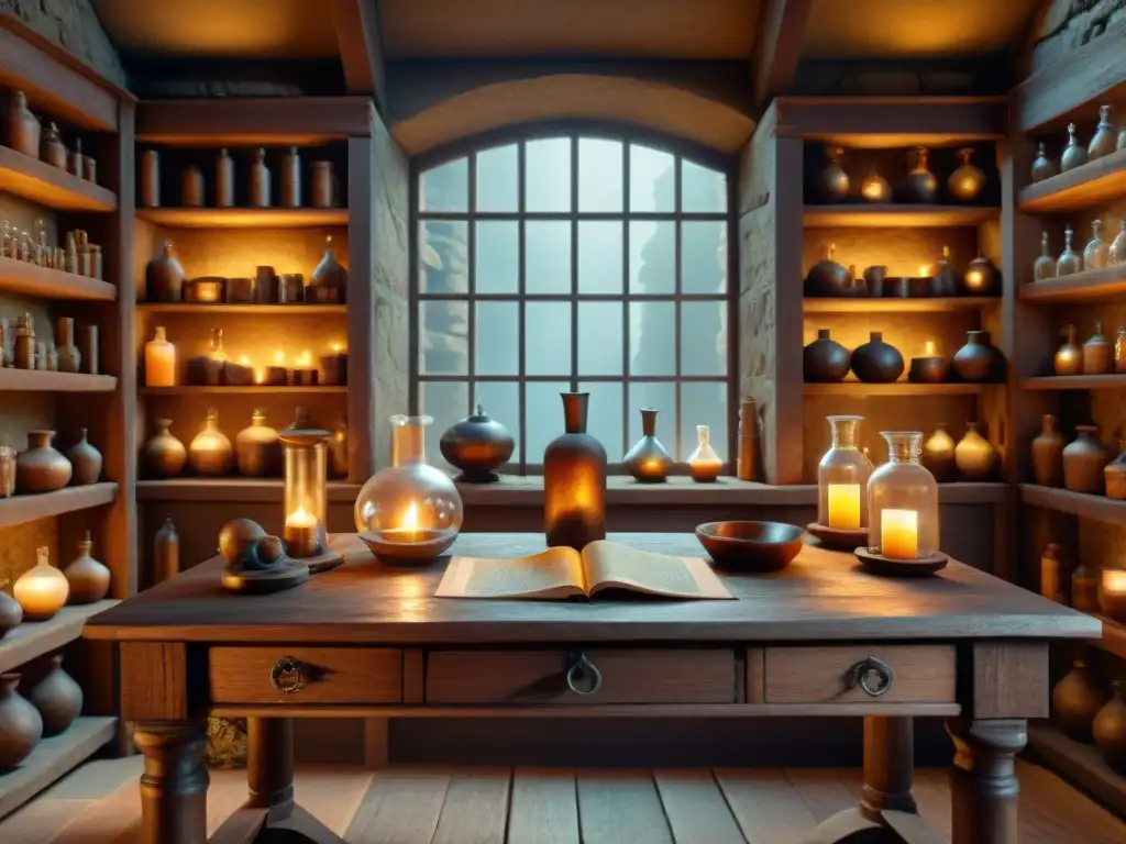 Misterioso taller alquímico: detalles en 8k En el misterioso taller de alquimia antigua, la Piedra Filosofal revela sus secretos en un ambiente de sabiduría ancestral y misticismo