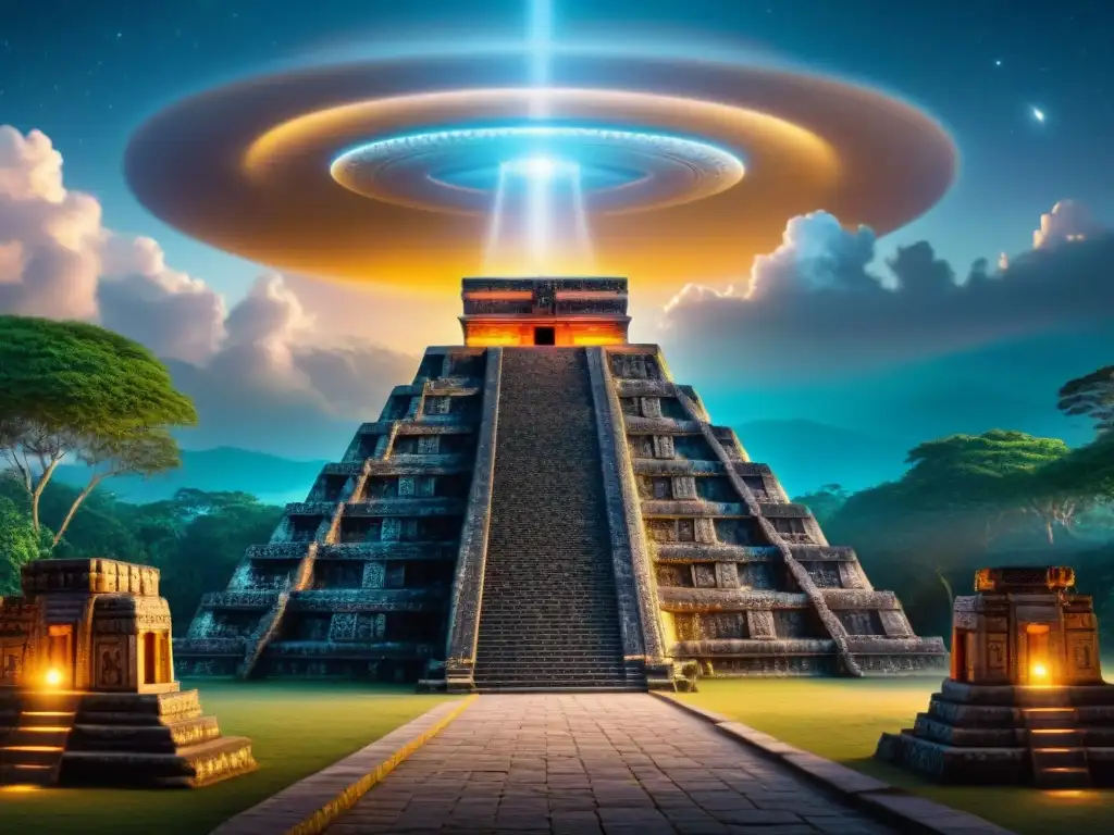 Un misterioso templo maya iluminado por un OVNI en la noche