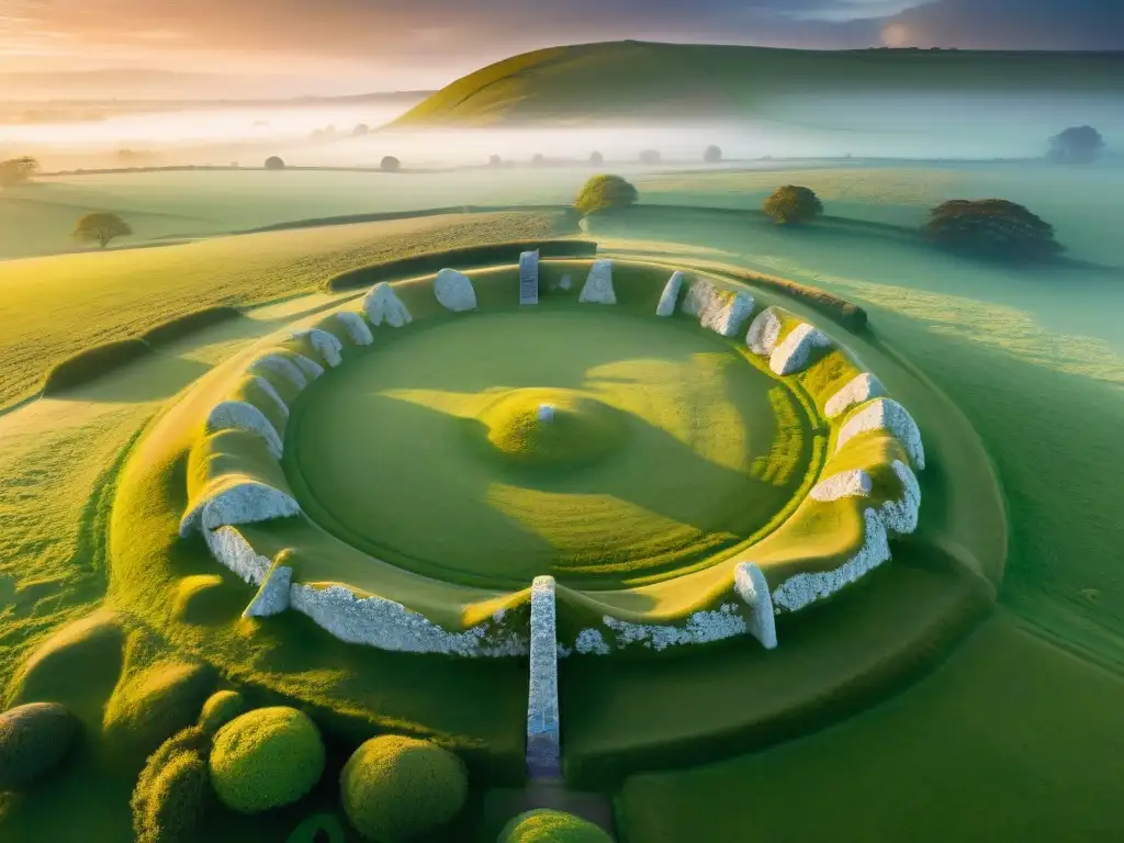 Misteriosos círculos de piedra en Avebury, Inglaterra, bajo un cielo vibrante al atardecer, con sombras dramáticas y aura mística