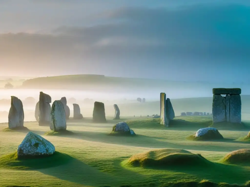 Misteriosos círculos de piedra de Avebury, Inglaterra, envueltos en niebla al amanecer, con figuras y grabados antiguos apenas visibles