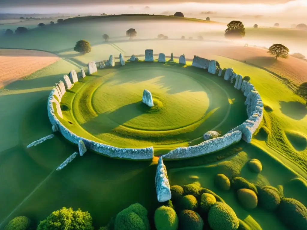 Misteriosos círculos de piedra en Avebury, Inglaterra, bajo el resplandor del amanecer