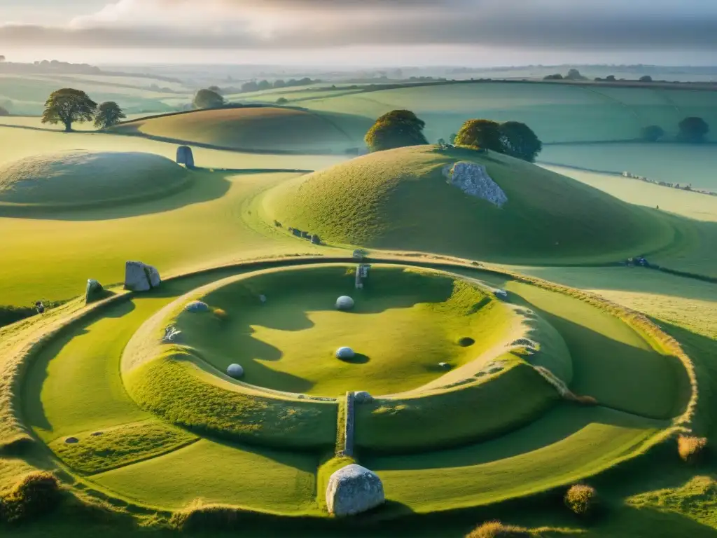 Misteriosos círculos de piedra en Avebury, Inglaterra, con sombras y texturas que evocan antigua sabiduría