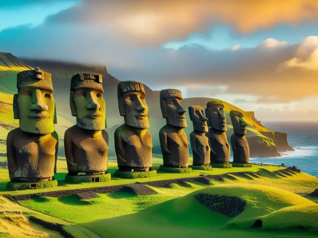 Misteriosos gigantes de Isla Pascua bajo el atardecer dorado, con expresiones severas, en un escenario majestuoso