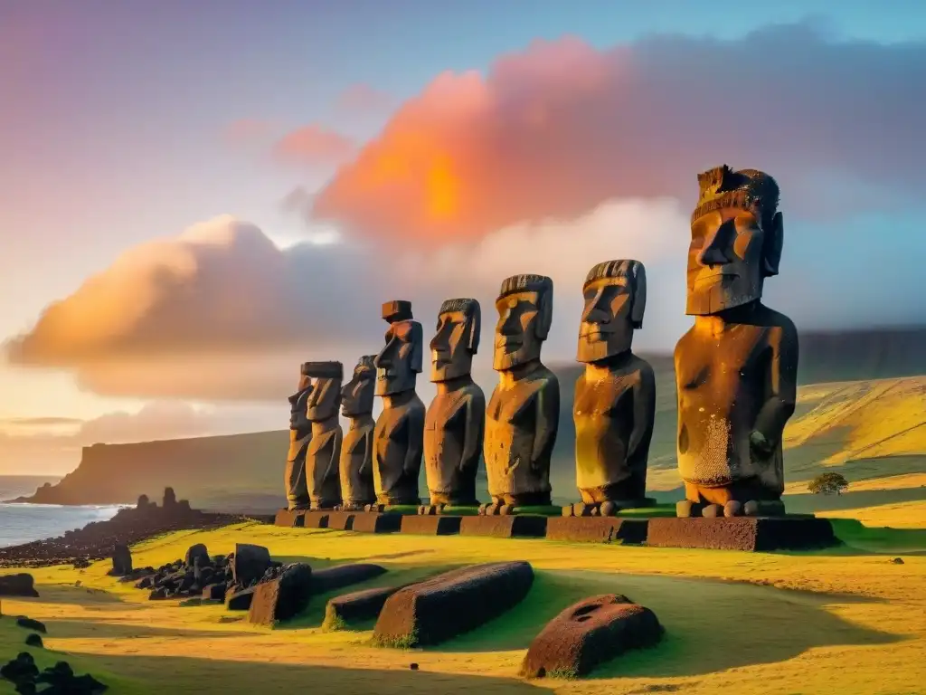 Misteriosos gigantes de la Isla de Pascua observando el atardecer en un ambiente mágico y ancestral