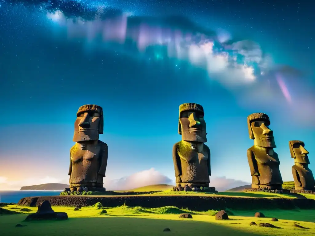 Misteriosos gigantes de la Isla de Pascua bajo un cielo estrellado, envueltos en aura mística