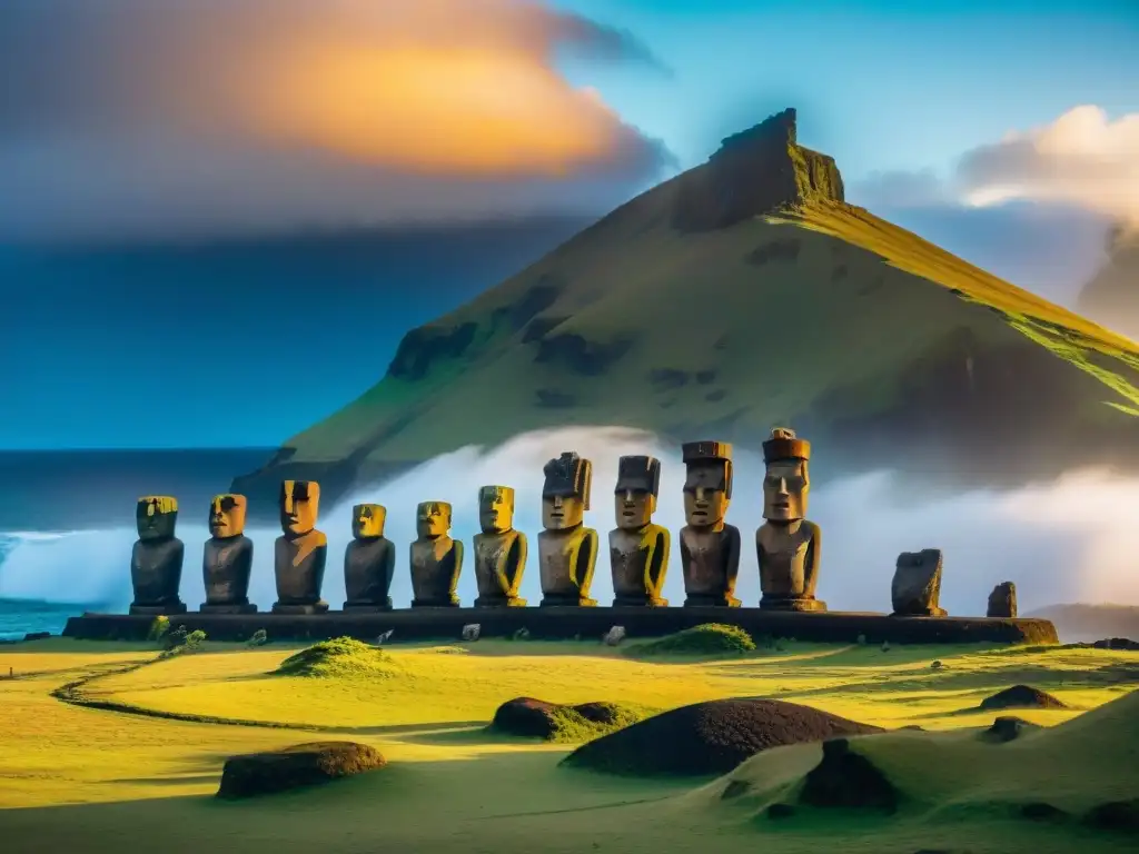 Misteriosos gigantes de la Isla Pascua se alzan al amanecer en una imagen detallada en 8k, destacando su enigmática belleza