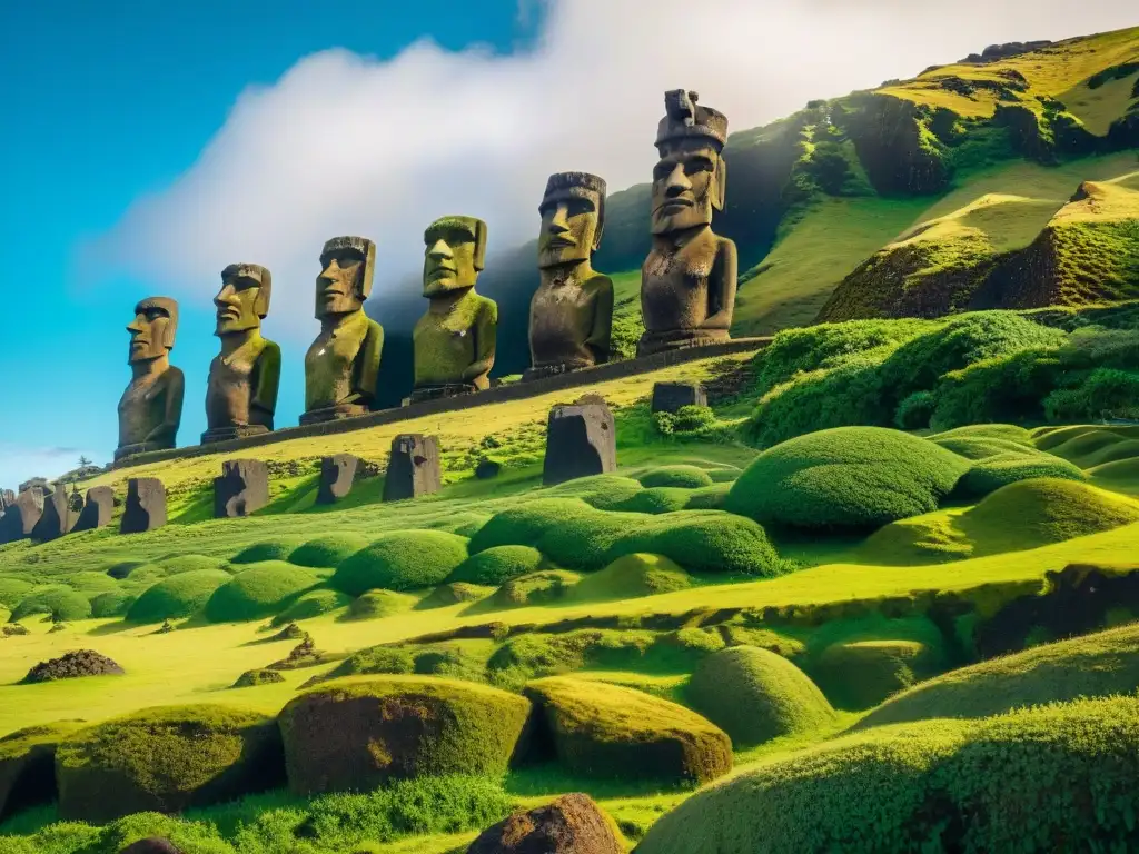 Misteriosos gigantes de piedra en Isla Pascua, en un entorno verde bajo un cielo azul vibrante