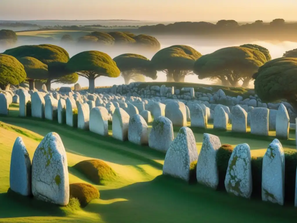 Los misteriosos Carnac Stones iluminados por el sol poniente, revelando su antigua belleza