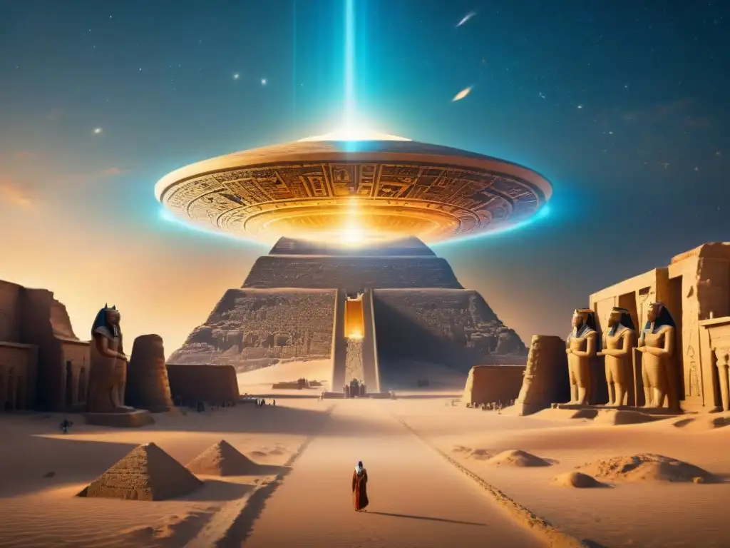 Templo egipcio iluminado por un OVNI: escenas de alienígenas y faraones Misteriosos jeroglíficos en un antiguo templo egipcio iluminados por un OVNI, creando una atmósfera de intriga