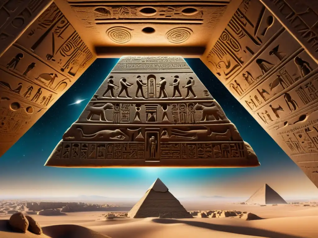 Jeroglíficos egipcios ancestrales: Relato cósmico de OVNIs en pirámide Misteriosos jeroglíficos de OVNIS en Antiguo Egipto narran una historia cósmica en una cámara secreta de la pirámide