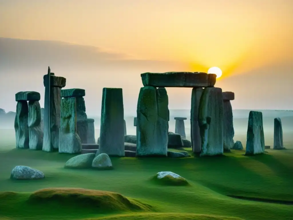 Misteriosos megalitos prehistóricos en Stonehenge al amanecer, destacando intrincadas tallas y grabados