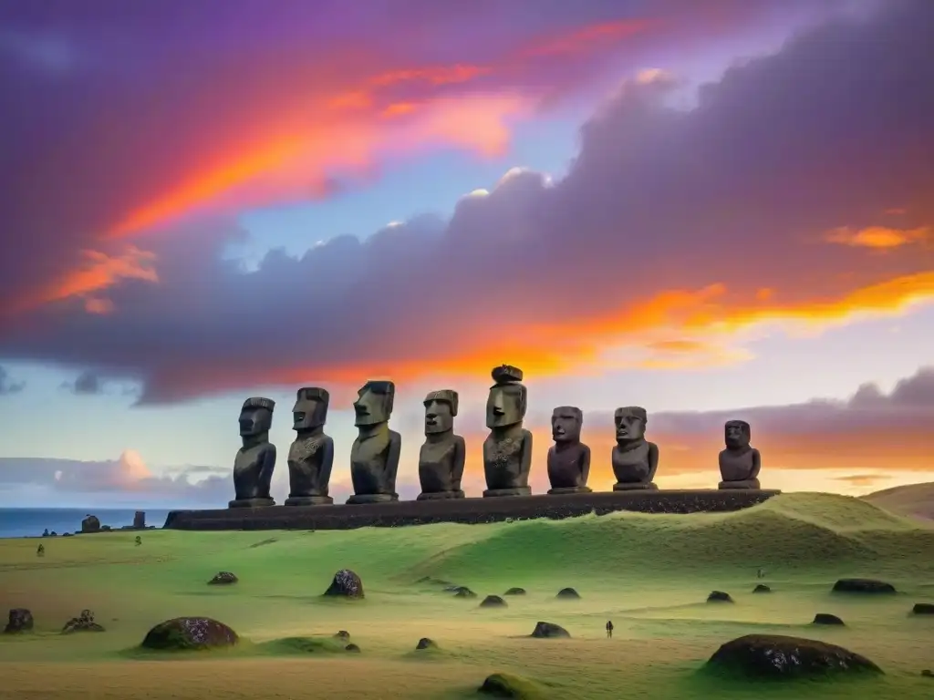 Los misteriosos moáis de la Isla de Pascua emergen en el amanecer, revelando los Secretos de la Isla de Pascua en su mirada ancestral