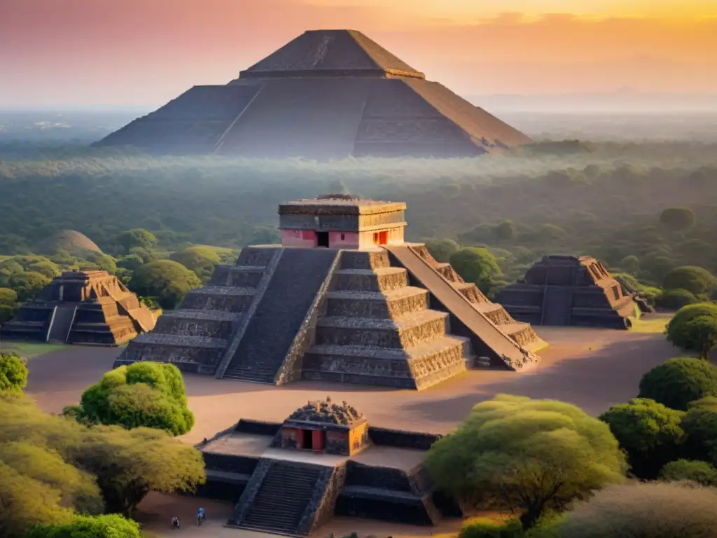 Misteriosos Orígenes: la majestuosa Pirámide del Sol en Teotihuacán al amanecer, iluminada con tonos naranjas y rosas en un paisaje tranquilo