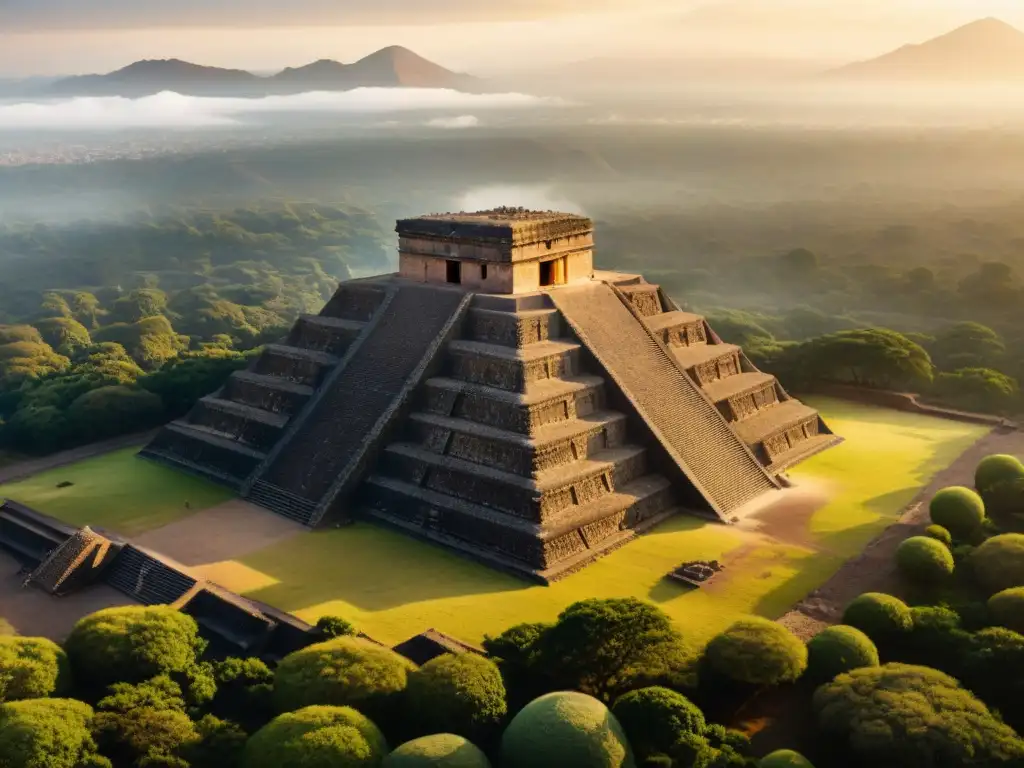 Misteriosos Orígenes Teotihuacán Ciudad Dioses: la Pirámide del Sol al amanecer, envuelta en neblina, revelando su majestuosidad