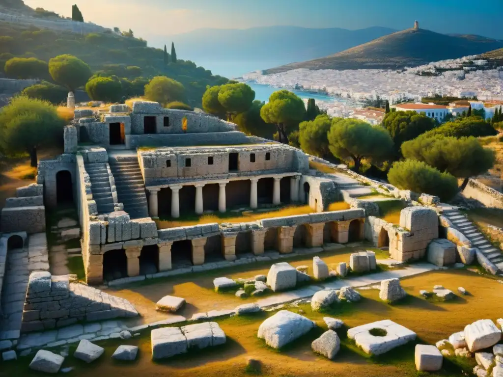 Misteriosos ritos de iniciación en Eleusis: ruinas del Telesterion en Grecia, con columnas y grabados, entre luces y sombras