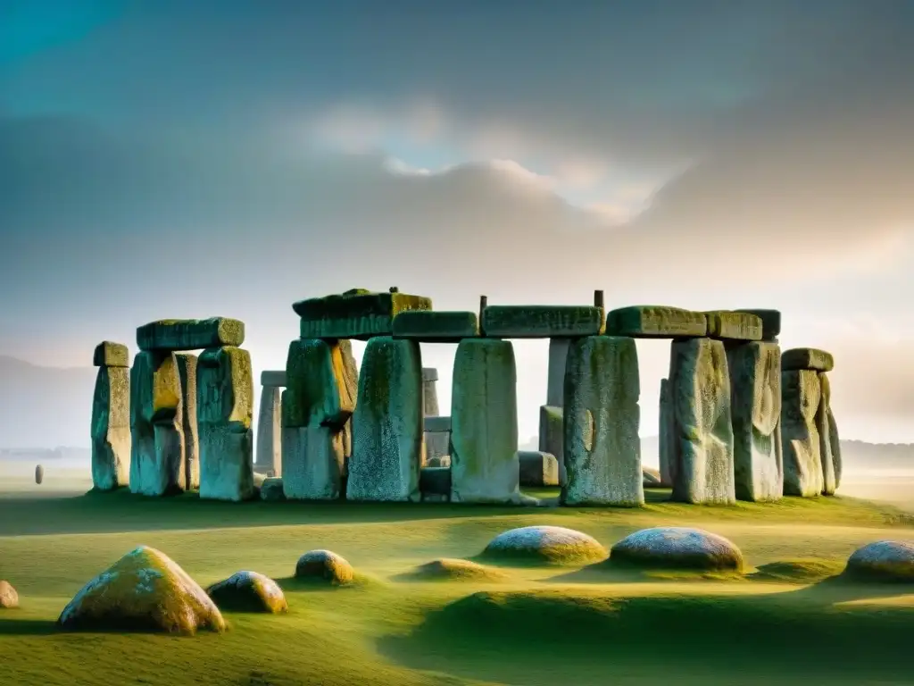 Misteriosos rituales ancestrales en Stonehenge, tallados en piedra con sombras y luz