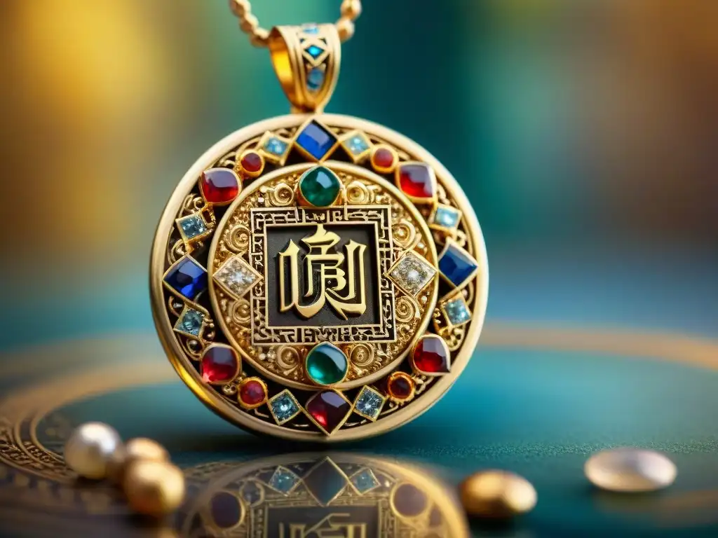 Joyería mística antigua Persia: Talismán dorado con caligrafía persa y gemas vibrantes, sobre fondo de palacio persa borroso