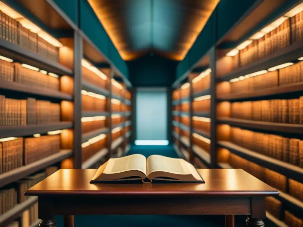 Misterioso Codex Gigas: Detalles en biblioteca antigua Una mística biblioteca antigua con el Codex Gigas en primer plano, iluminado por tenues luces