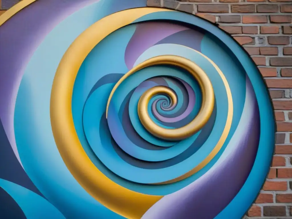 Mural espiral: misterio y sabiduría ancestral Una mística espiral en tonos azules, morados y dorados, se entrelaza en un mural pintado a mano