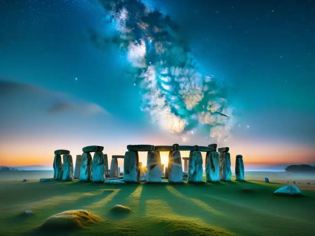 Reunión mística de los festivales celtas en Stonehenge durante el solsticio de invierno, iluminado por el sol poniente