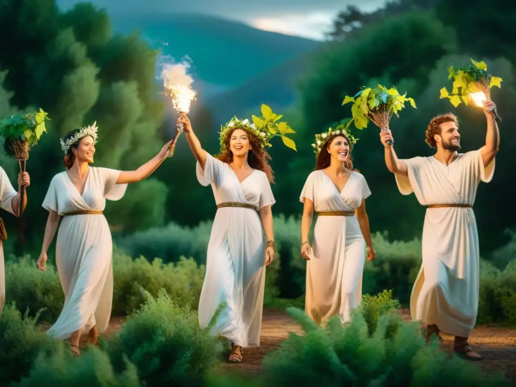 Baile extático en bosque: Misterios Dionisíacos Celebración mística en bosque griego: hombres y mujeres en éxtasis dionisíaco bajo estrellas