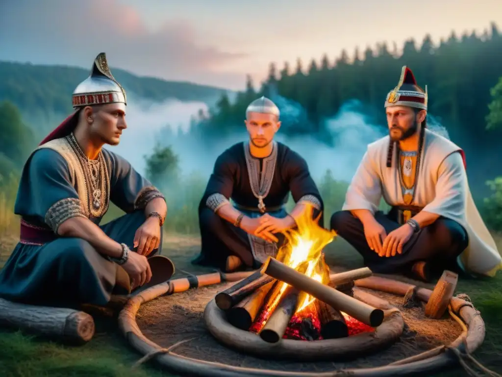 Celebración mística de movimientos neopaganos en Europa moderna, grupo en atuendo eslavo alrededor de hoguera en el bosque al atardecer