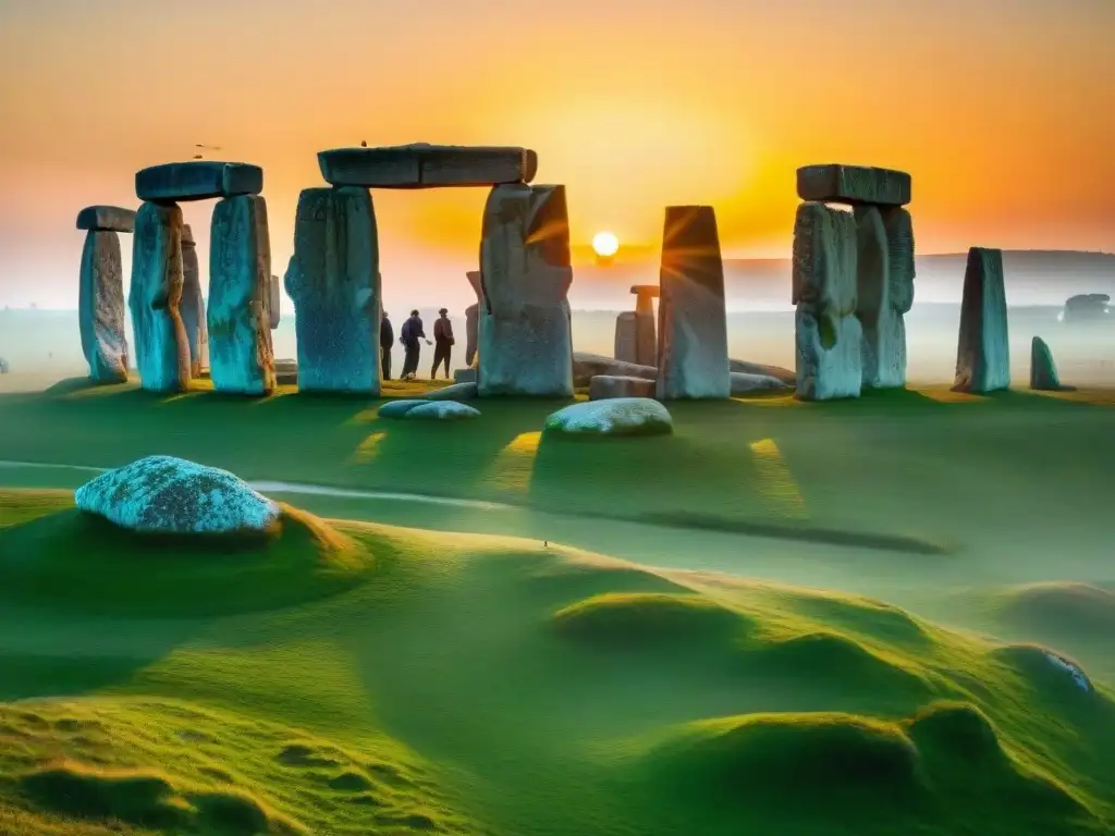 Celebración mística en Stonehenge durante el solsticio de verano, resaltando la conexión entre festivales astronómicos antiguos y la naturaleza