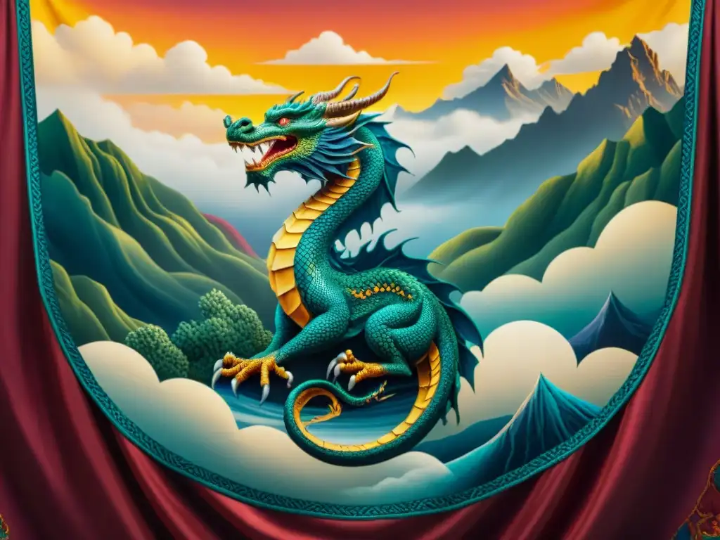 Una mágica decoración mística con textiles exóticos, dragons bailando entre nubes al atardecer sobre montañas