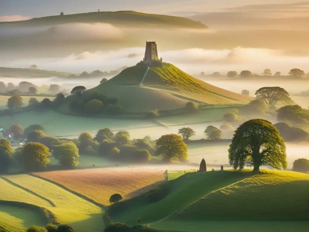 La mística Torre de Glastonbury se alza al atardecer, rodeada de la leyenda y espiritualidad de Glastonbury