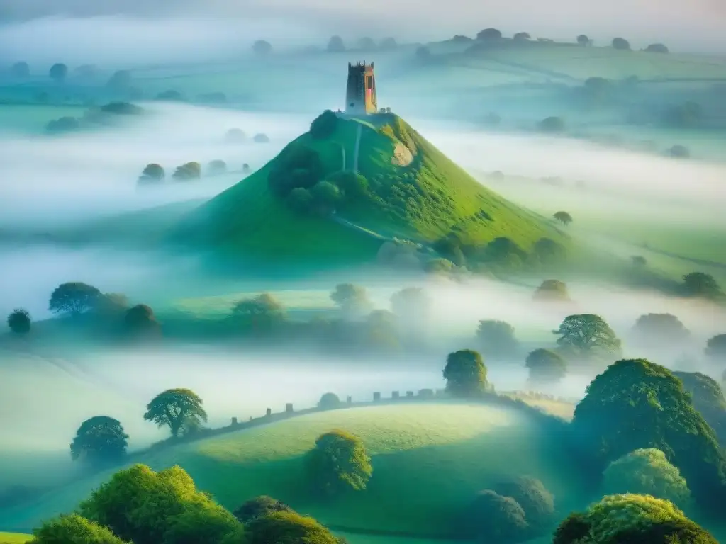 La mística Torre de San Miguel en la icónica colina de Glastonbury, rodeada de leyendas artúricas espirituales