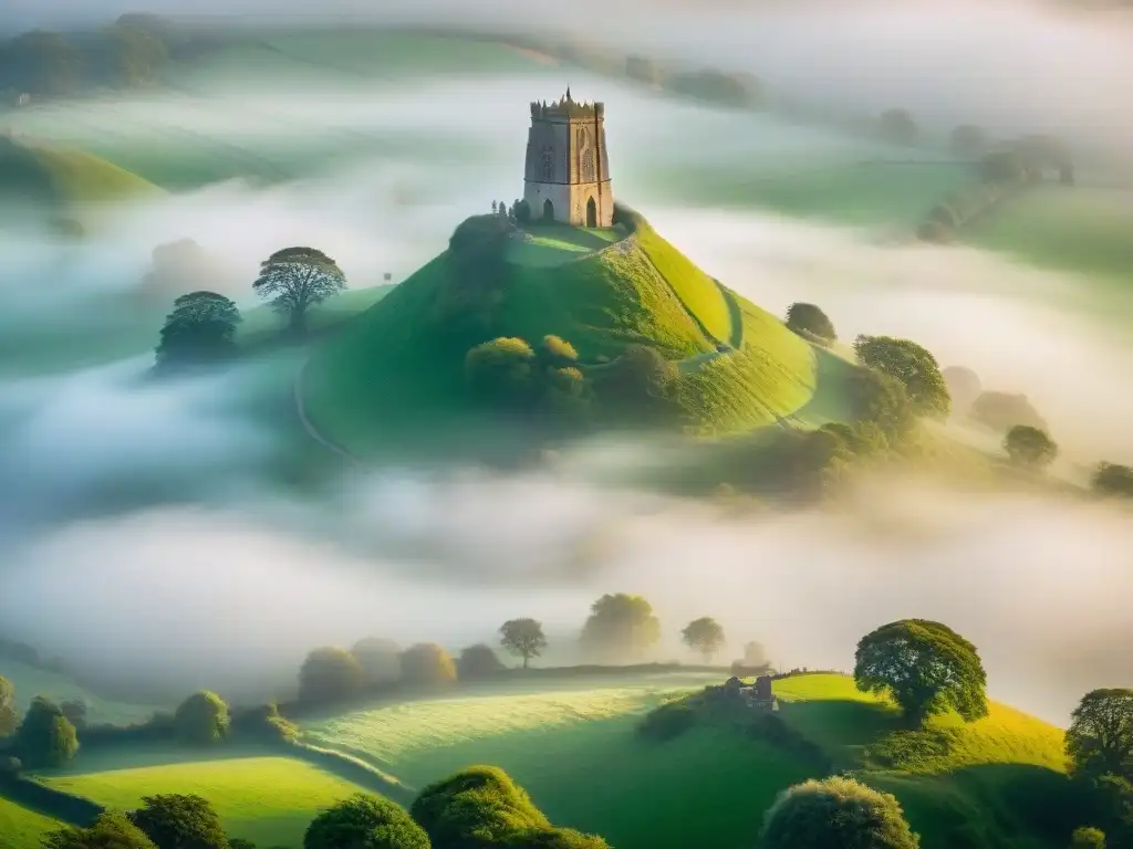 La mística Torre de San Miguel en la neblina mágica de Glastonbury Tor, evocando Encuentros mágicos isla Avalon