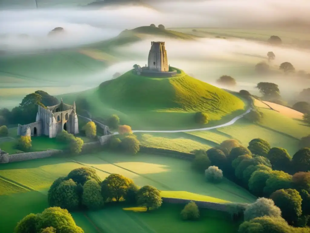 La mística Torre de Glastonbury emerge entre la niebla, con las ruinas de la antigua Abadía de Glastonbury