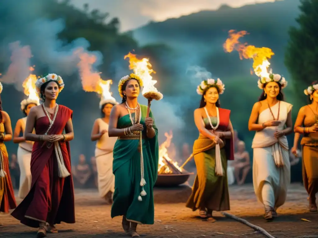 Místicas mujeres romanas danzando en rituales de fertilidad en Lupercales, adornadas con joyas y coronas de flores