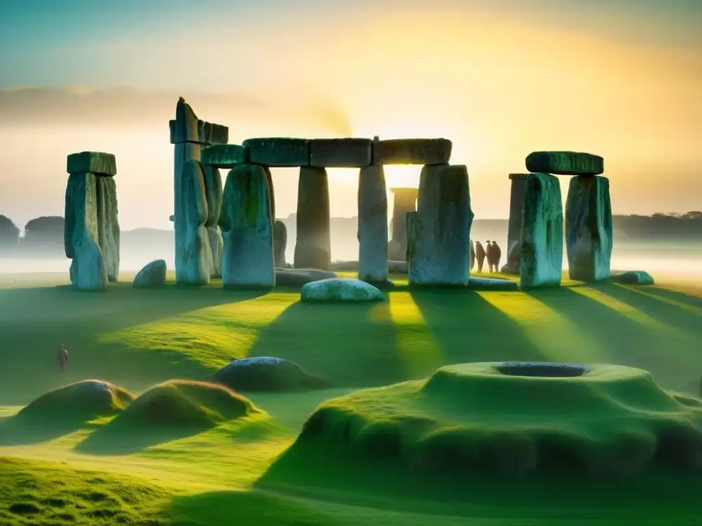 Misticismo y druidas en Stonehenge al amanecer, con un aura de misterio y espiritualidad en Europa Antigua