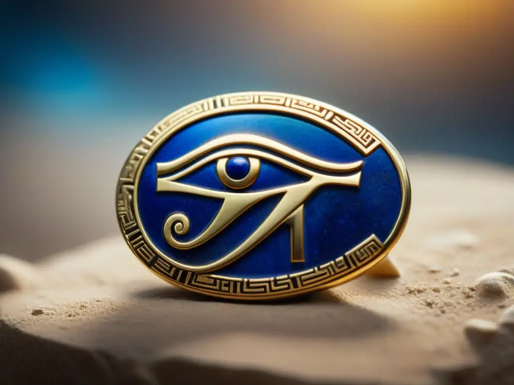 El místico amuleto del Ojo de Horus en lapislázuli y oro, revelando jeroglíficos y simbología sagrada