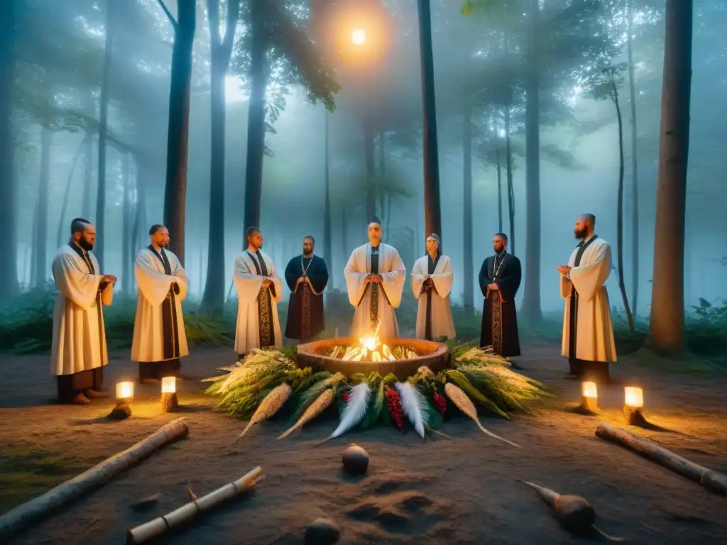 Un místico culto de dioses eslavos en un claro del bosque, con adoradores, antorchas y símbolos rituales