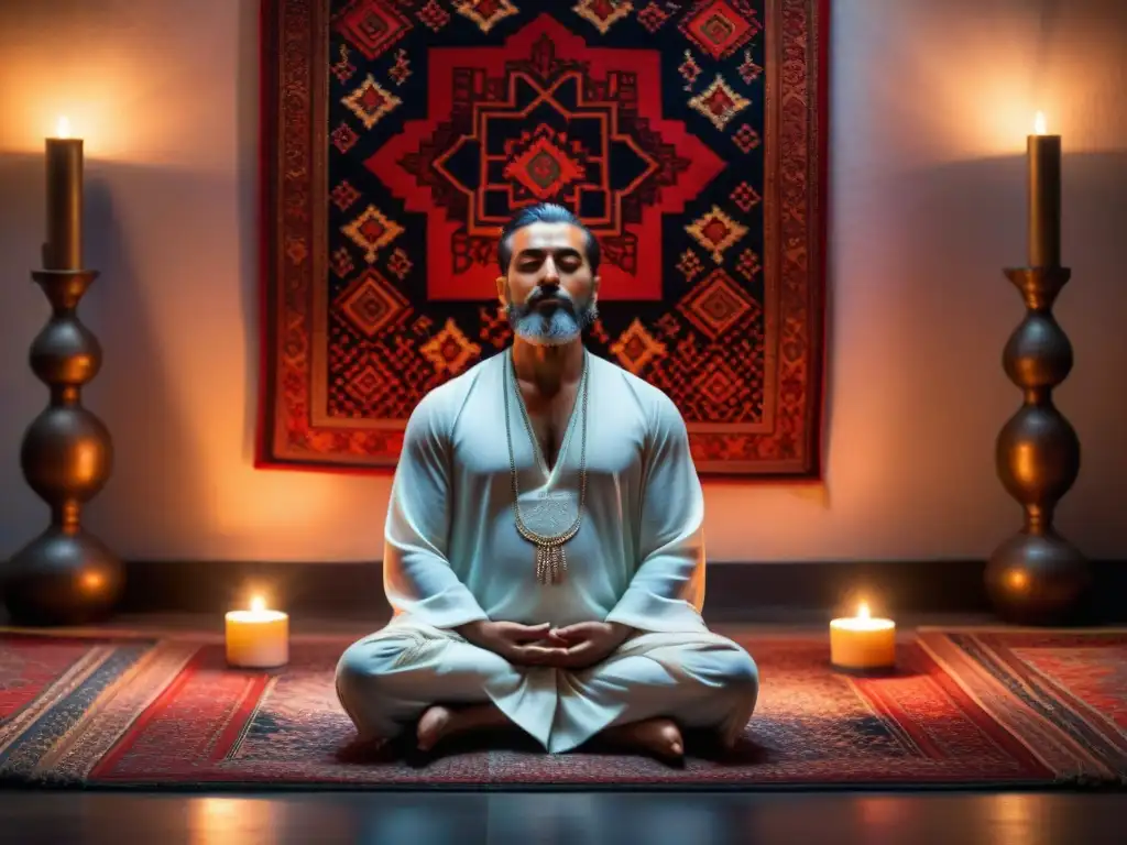 Un místico sufí meditando en una habitación iluminada por velas, en una alfombra persa vibrante, con patrones geométricos