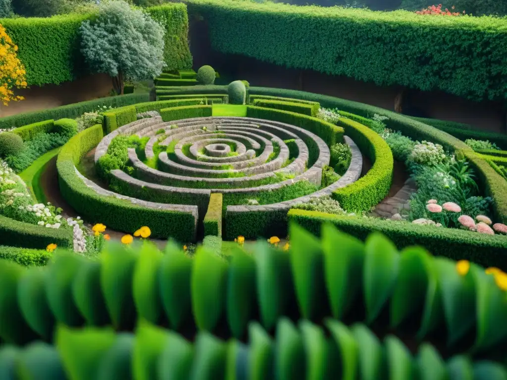 Un jardín místico con intrincados laberintos de piedra y senderos serpenteantes, rodeado de exuberante vegetación y flores vibrantes