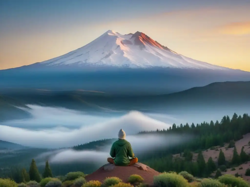 Un místico ser medita al pie del Monte Shasta al amanecer, rodeado de bosques verdes en la bruma