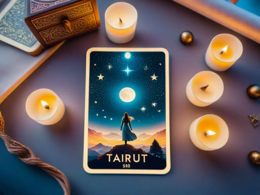 Un místico tarot bajo un cielo estrellado y la luna llena